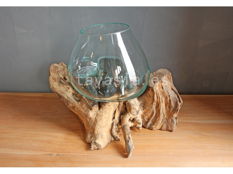 Raíz Con Jarrón De Cristal Sobre Raíz De Madera, Decoración De